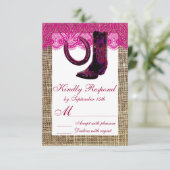 ピンク女性のカーボーイブーツホースシューバーラップレースRSVP 出欠カード (スタンド正面)