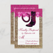 ピンク女性のカーボーイブーツホースシューバーラップレースRSVP 出欠カード (正面/裏面)