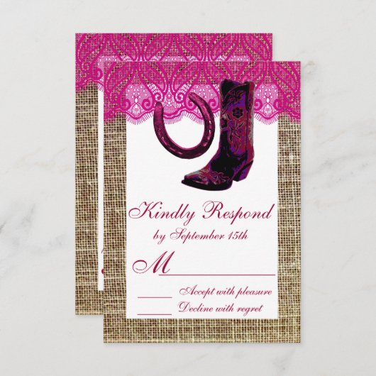 ピンク女性のカーボーイブーツホースシューバーラップレースRSVP 出欠カード (正面/裏面)