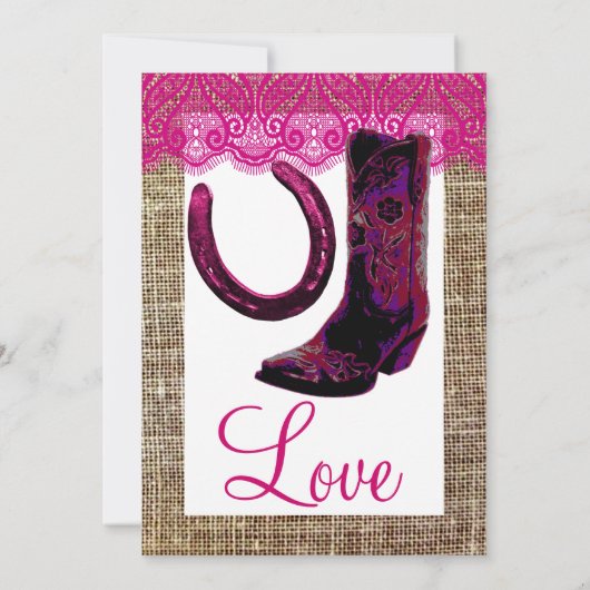 ピンク女性のカーボーイブーツホースシューバーラ結婚ップレースズ 招待状 (裏面)
