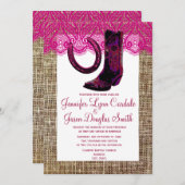 ピンク女性のカーボーイブーツホースシューバーラ結婚ップレースズ 招待状 (正面/裏面)