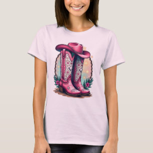 ピンク女性のカーボーイブーツ&ハットグラフィックティー Tシャツ