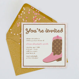 ピンク女性のカーボーイブートウェスタンバースデーパーティー 招待状