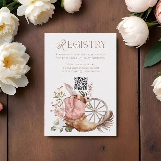 ピンク女性のカーボーイブートQRコードレジストリ赤ちゃんシャワー エンクロージャーカード