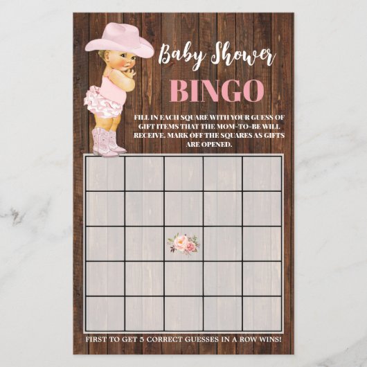 ピンク女性のカーボーイベビーシャワービンゴゲームカードフライヤー チラシ (正面)