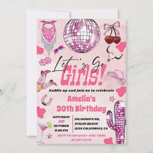 ピンク女性のカーボーイレッツゴーガールディスコロデオ誕生日 招待状 (正面)