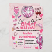 ピンク女性のカーボーイレッツゴーガールディスコロデオ誕生日 招待状 (正面/裏面)