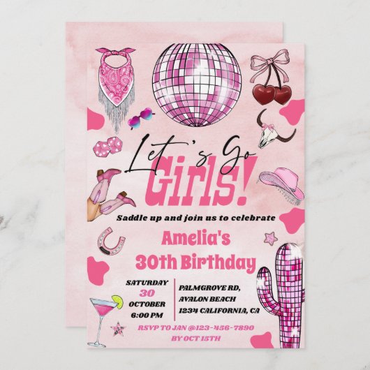 ピンク女性のカーボーイレッツゴーガールディスコロデオ誕生日 招待状 (正面/裏面)