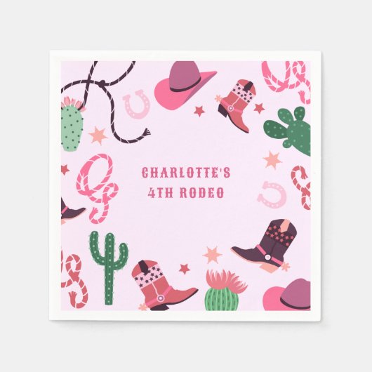 ピンク女性のカーボーイロデオウエスタンバースデーパーティー スタンダードカクテルナプキン (正面)