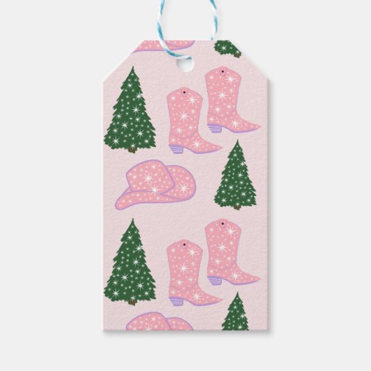 ピンク女性のカーボーイロデオハットクリスマスツリー ギフトタグ (正面)