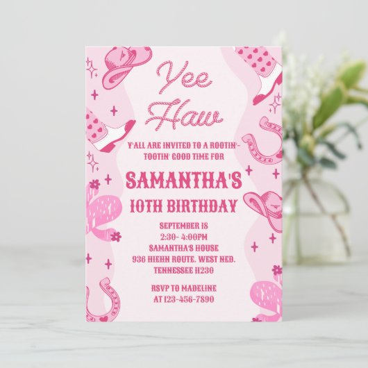 ピンク女性のカーボーイロデオ誕生日 招待状 (スタンド正面)