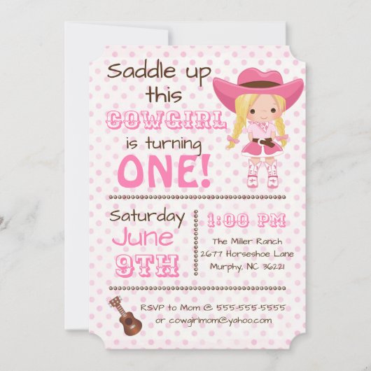ピンク女性のカーボーイ誕生日パーティーの招待 招待状 (正面)