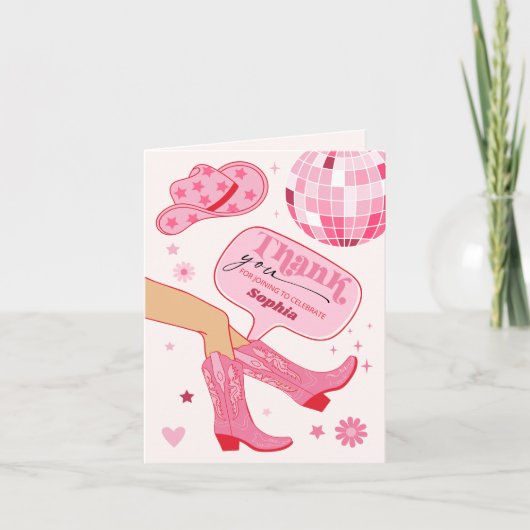 ピンク女性のカーボーイ誕生日パーティーサンキューカード サンキューカード (正面)