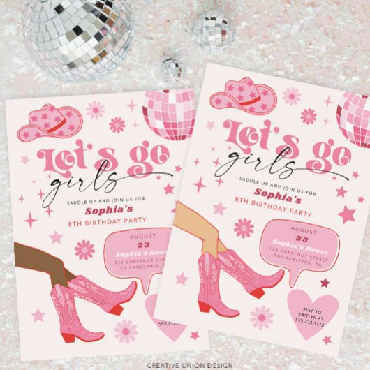 ピンク女性のカーボーイ誕生日パーティーレッツゴーガールズ 招待状