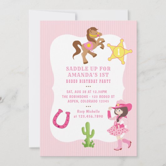 ピンク女性のカーボーイ誕生日パーティー 招待状 (正面)