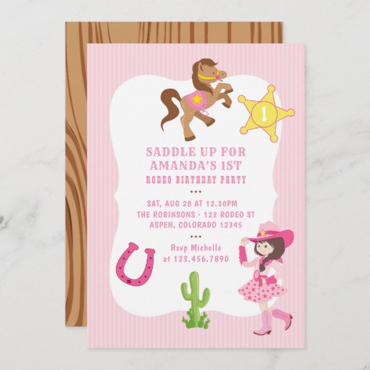 ピンク女性のカーボーイ誕生日パーティー 招待状 (正面/裏面)