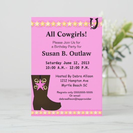 ピンク女性のカーボーイ誕生日招待状 招待状 (スタンド正面)