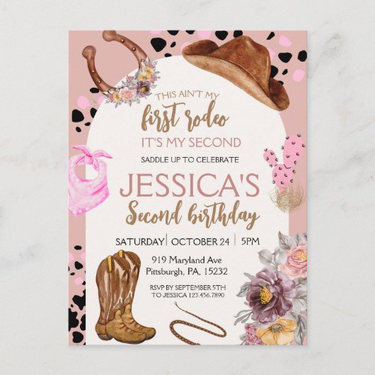 ピンク女性のカーボーイ誕生日2ndロデオバジェットパーティー ポストカード (正面)
