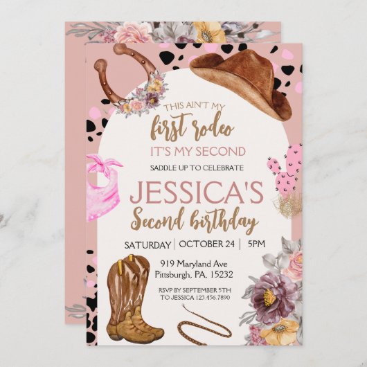 ピンク女性のカーボーイ誕生日2nd Rodeo girlパーティー 招待状 (正面/裏面)