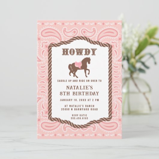 ピンク女性のカーボーイ |馬のシルエット |誕生日 招待状 (スタンド正面)