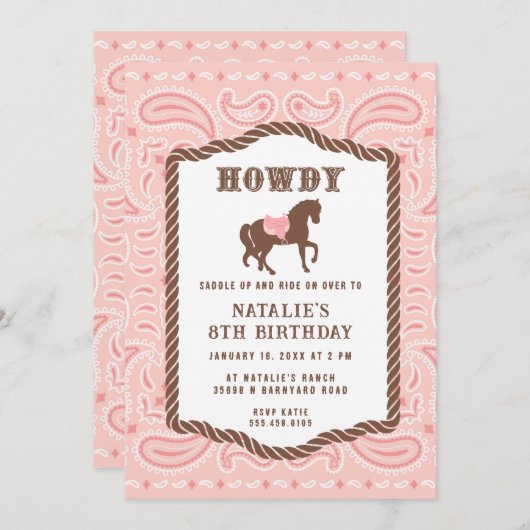 ピンク女性のカーボーイ |馬のシルエット |誕生日 招待状 (正面/裏面)