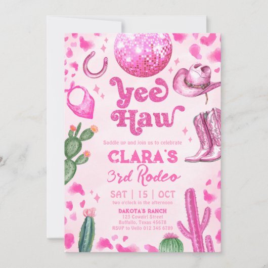 ピンク女性のカーボーイANYエイジロデオ誕生日招待状 招待状 (正面)