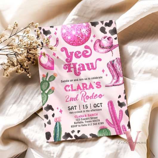 ピンク女性のカーボーイANYエイジロデオ誕生日招待状 招待状