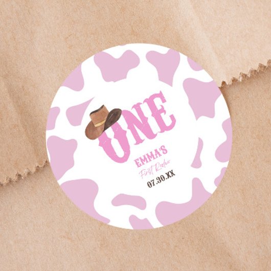 ピンク女性のカーボーイONEファースト・ロデオ1歳パーティー ラウンドシール