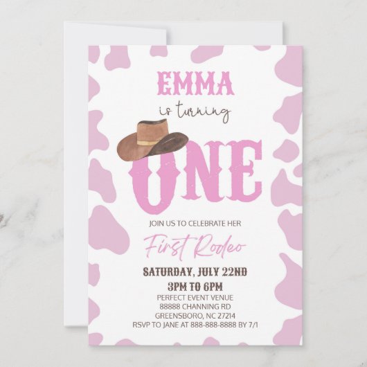 ピンク女性のカーボーイONEファースト・ロデオ1歳パーティー 招待状 (正面)