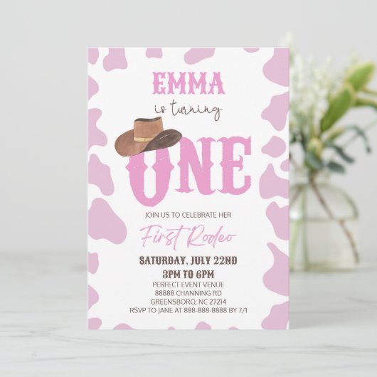 ピンク女性のカーボーイONEファースト・ロデオ1歳パーティー 招待状 (スタンド正面)