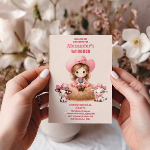 ピンク女性のカーボーイONEファースト・ロデオ1歳パーティー 招待状
