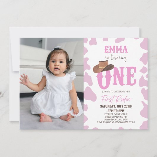 ピンク女性のカーボーイONEファースト・ロデオ1歳パーティー 招待状 (正面)