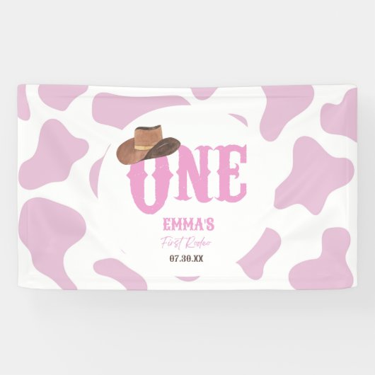 ピンク女性のカーボーイONEファースト・ロデオ1歳パーティー 横断幕 (横)