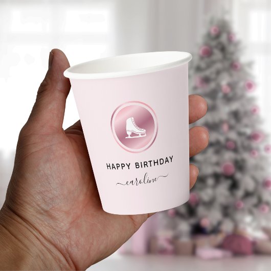 ピンク姿スケートで滑る誕生日バラ金ゴールドアイススケート 紙コップ
