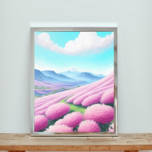 ピンク威厳のあるの花と山のパノラマ フォトプリント