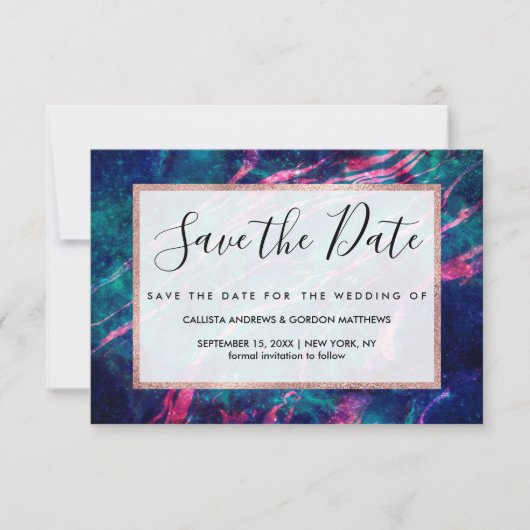 ピンク威厳のあるティール(緑がかった色)グリーンマーリースターリーネブラ セーブザデート (正面)