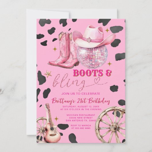 ピンク宇宙女性のカーボーイ大人の誕生日パーティー 招待状 (正面)