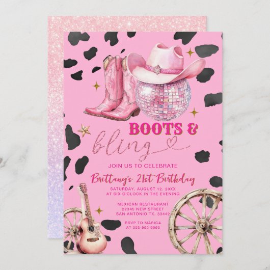 ピンク宇宙女性のカーボーイ大人の誕生日パーティー 招待状 (正面/裏面)