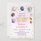 ピンク宇宙銀河系アウトオブザワールド誕生日 招待状 (正面)