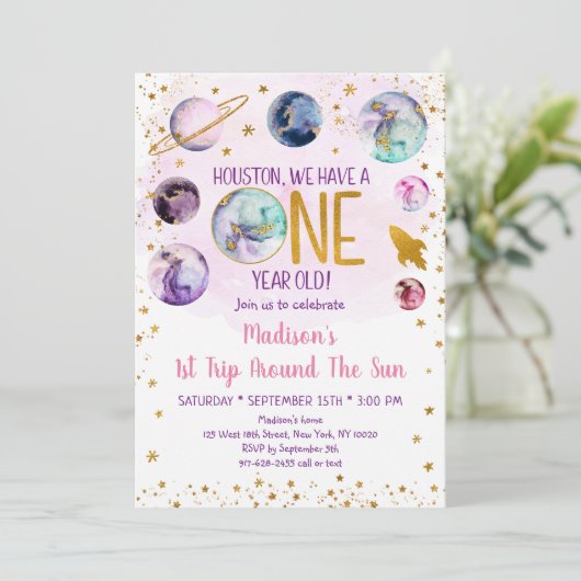 ピンク宇宙銀河系ガールファースト誕生日 招待状 (スタンド正面)