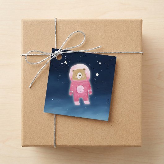ピンク宇宙飛行士ベア宇宙ベビーシャワーメッセージカード フェイバータグ