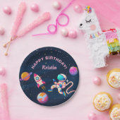 ピンク宇宙飛行士宇宙ロケット船誕生日 ペーパープレート (パーティー)