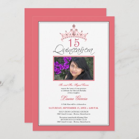 ピンク宝石ティアラキンセアニェラ招待状(バラ) 招待状 (正面/裏面)