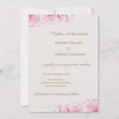 ピンク実在バラ花アイボリー金ゴールド結婚フローラ 招待状 (正面)