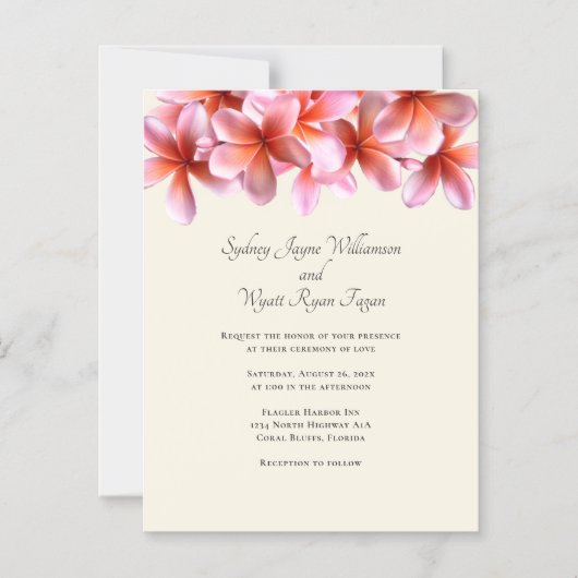 ピンク実在プルメリア花縁どベージュ色 マグネット招待状 (正面)