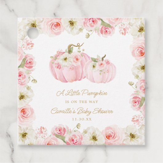 ピンク小さなかぼちゃの赤ちゃんシャワーメッセージカード フェイバータグ (正面)