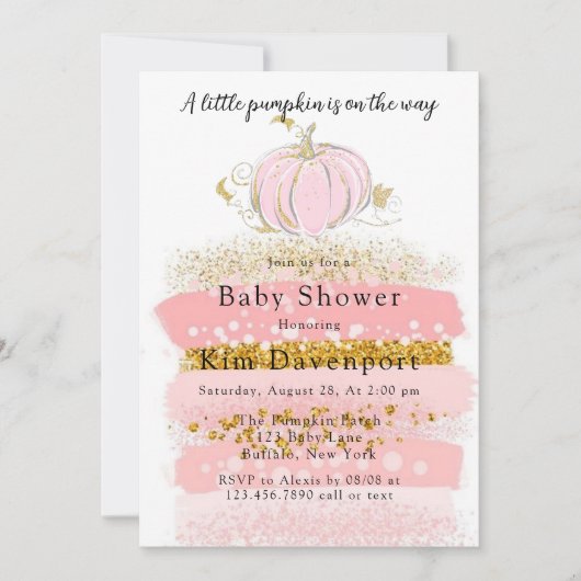 ピンク小さなカボチャが赤ちゃんシャワーの途中にある 招待状 (正面)