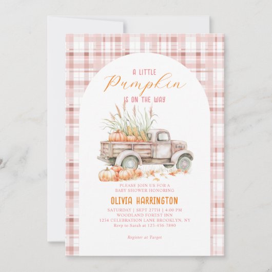 ピンク小さなカボチャのトラックの女の子の赤ちゃんシャワー 招待状 (正面)