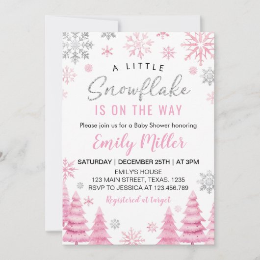 ピンク小さなスノーフレークの女の子の赤ちゃんシャワー 招待状 (正面)