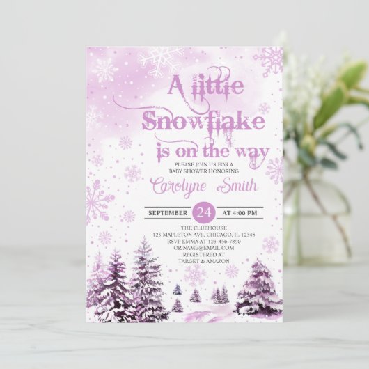 ピンク小さなスノーフレーク赤ちゃんシャワー招待状 招待状 (スタンド正面)